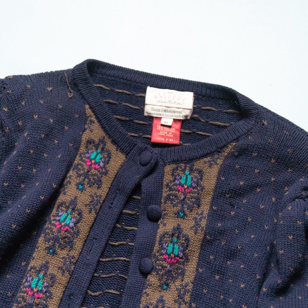 80s Susan Bristol Hand Embroidered Cottage Heart Cardigan Sweater Grandma Medium - Picture 2 of 8